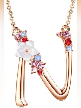 Flower Initial Letter Necklace Rose Gold Plate Pearl Necklace Austrian Crystals